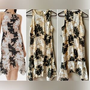 VENUS NUDE SLEEVELESS DRESS WITH BLACK & WHITE FLORAL APPLIQUÉS WOMENS  6~NWT